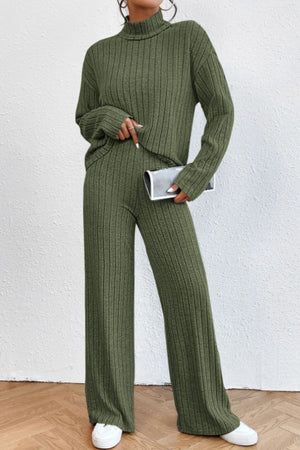 Matcha green ribbed knit turtleneck lounge set with wide leg pants.