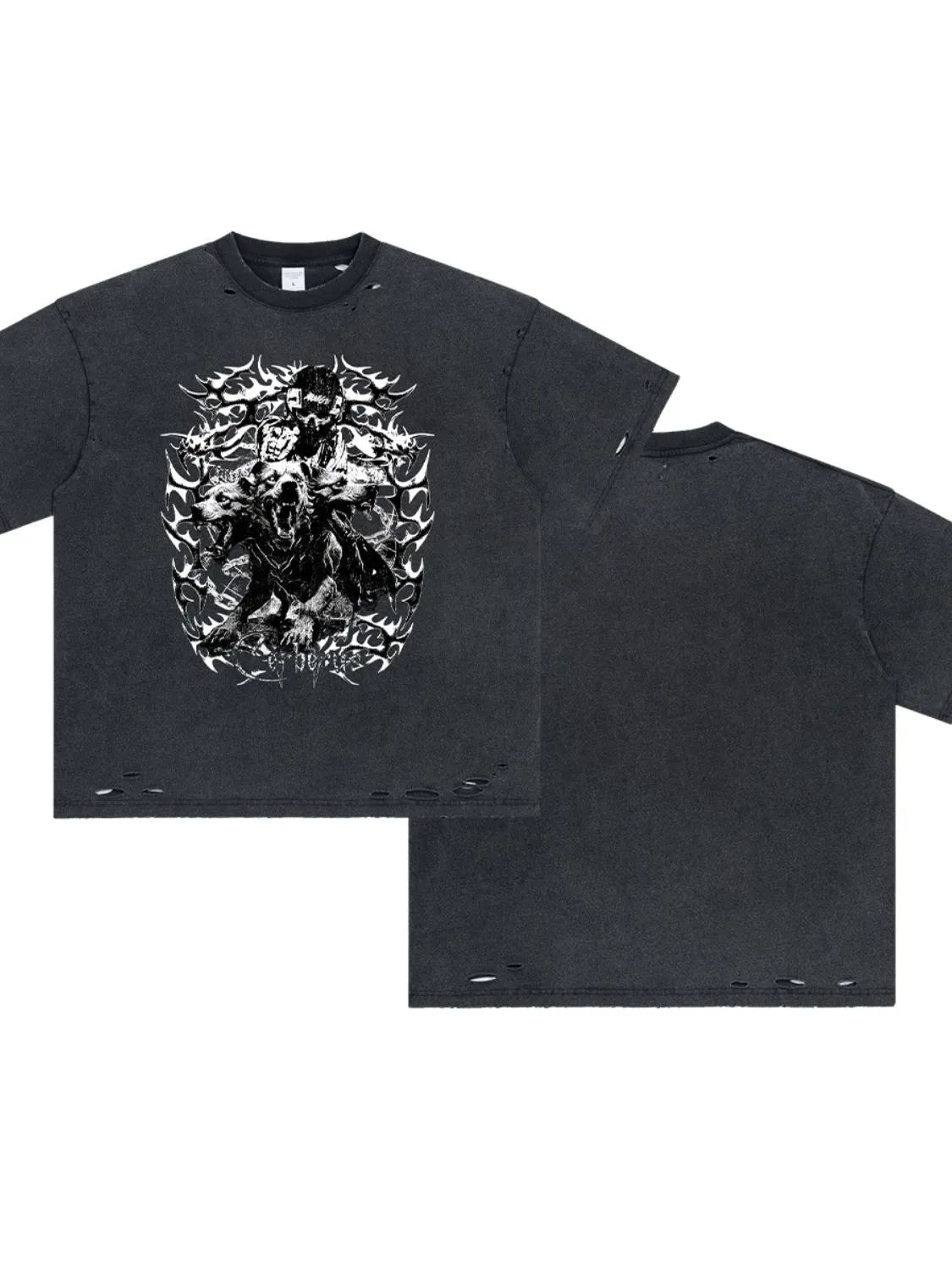 Black oversized graphic tee with distressed details and a mythical creature print.