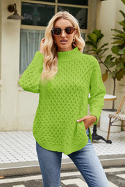 Mid Green textured diamond knit mock neck pullover sweater with long sleeves and a curved hem.