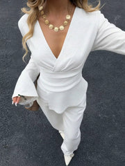 Elegant V-neck Wrap Asymmetrical Blouse in Milky White, product detail