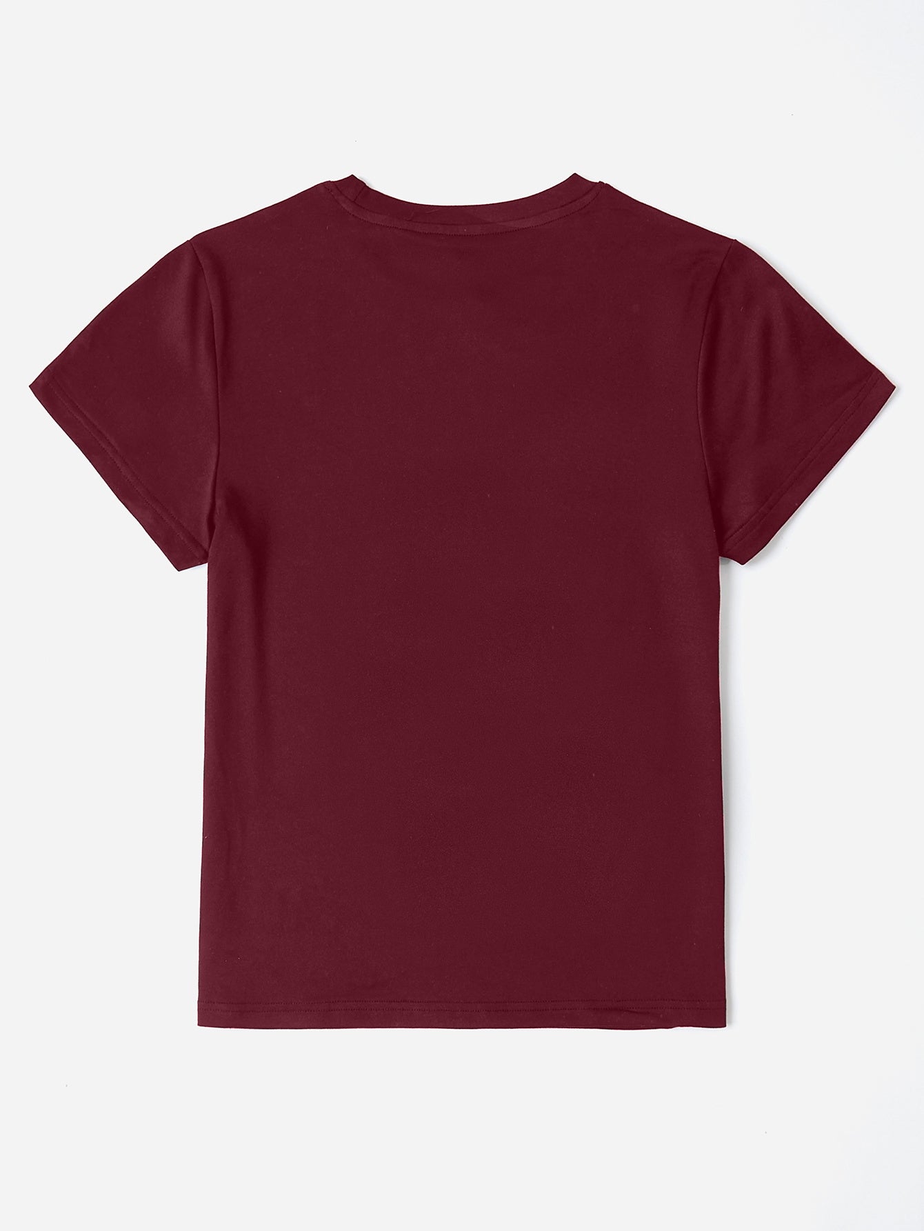Burgundy t-shirt with crew neck and short sleeves.