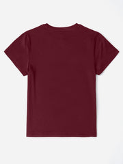 Burgundy t-shirt with crew neck and short sleeves.