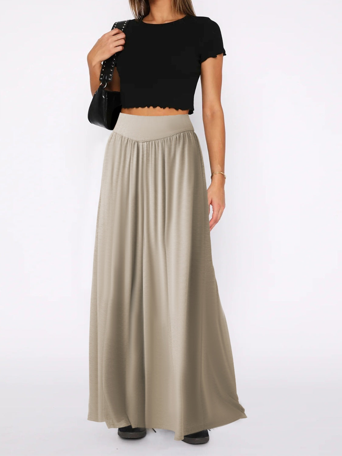 Khaki jersey wide-leg trousers with drape-front and elastic waistband.