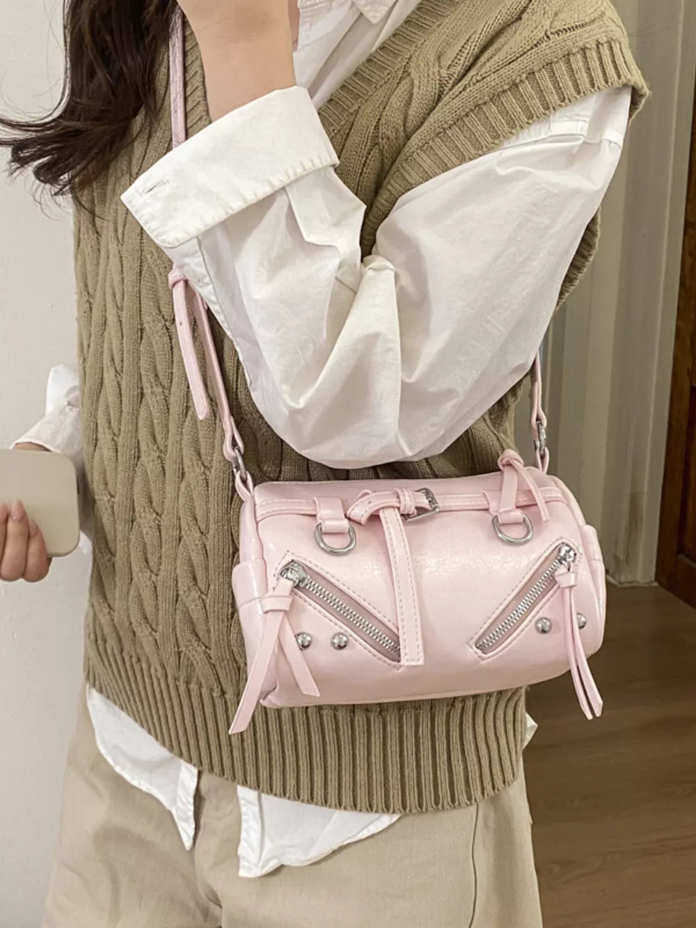 Adjustable Strap Leather Shoulder Bag in Pink, side view