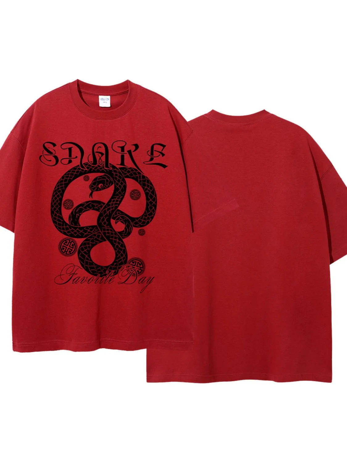 Red oversized t-shirt with black snake graphic and text.