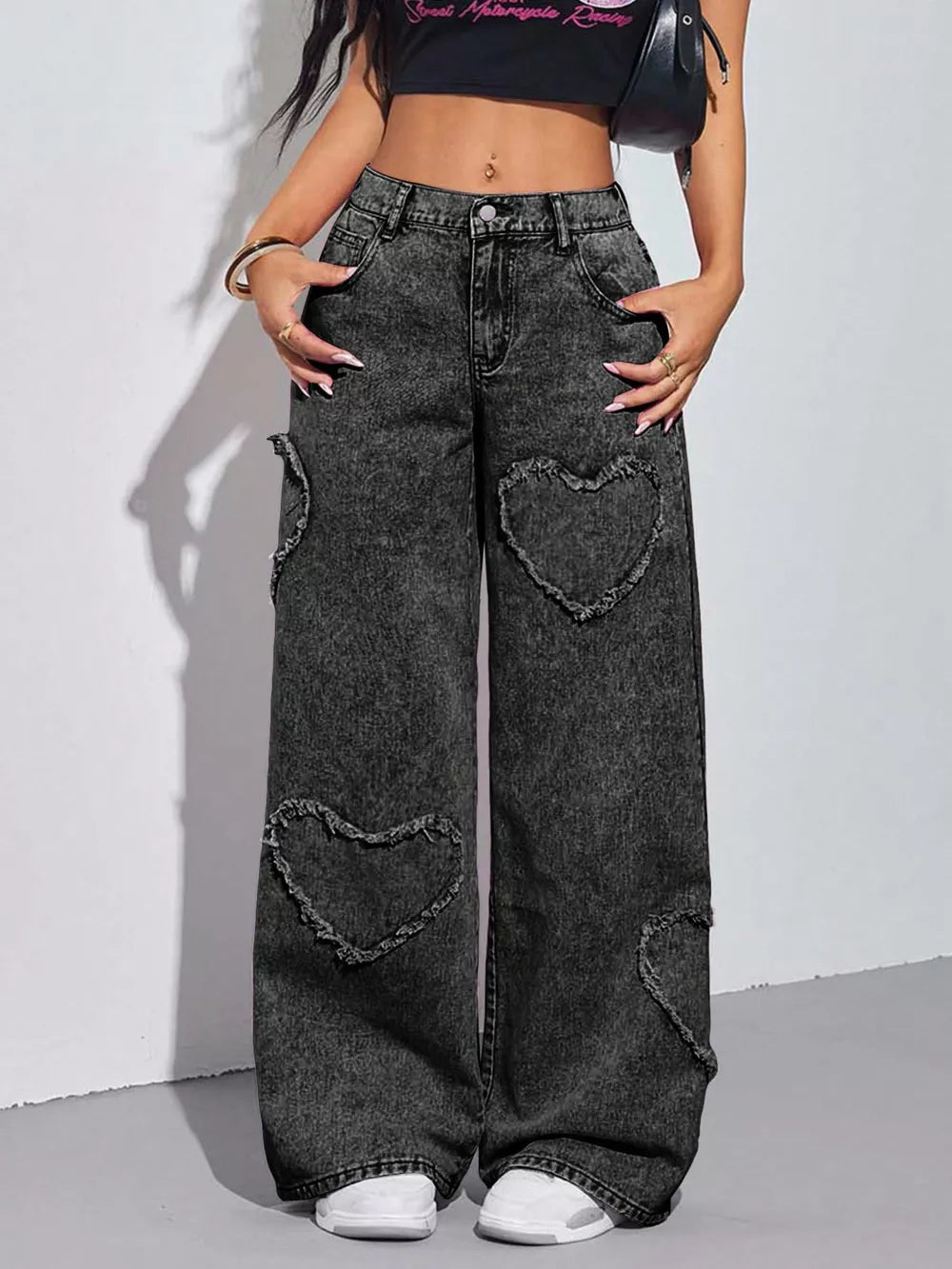 Heart Applique Wide-leg Jeans