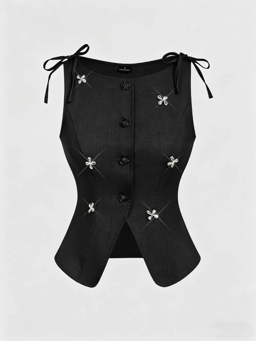 Black embellished tailored vest with tie shoulders and scalloped hem