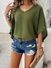 Matcha green open-knit dolman sleeve v-neck sweater with horizontal ribbing.