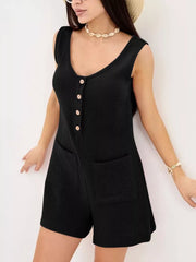 Black cotton crinkled sleeveless button-down romper with pockets