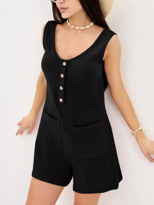 Black cotton crinkled sleeveless button-down romper with pockets