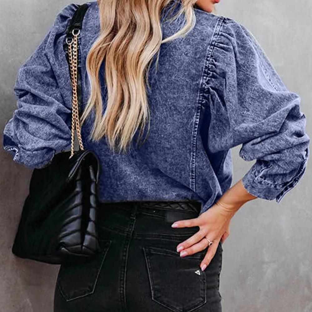 Puffed sleeve acid-washed denim button-up shirt in dark gray with ruched shoulder detail.