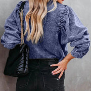 Puffed sleeve acid-washed denim button-up shirt in dark gray with ruched shoulder detail.