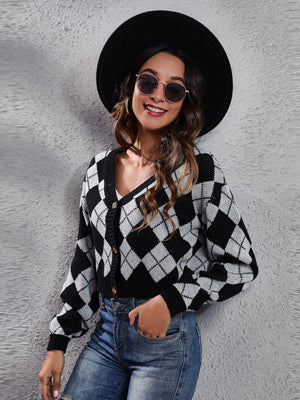 Cropped argyle cardigan in black and white with button front and V-neck