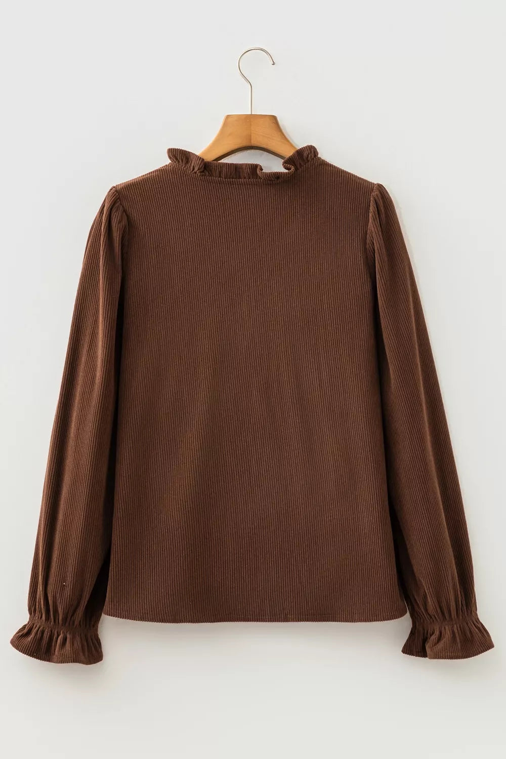 Solid Color Ruffle Trim V Neck Corduroy Jacket, fabric detail