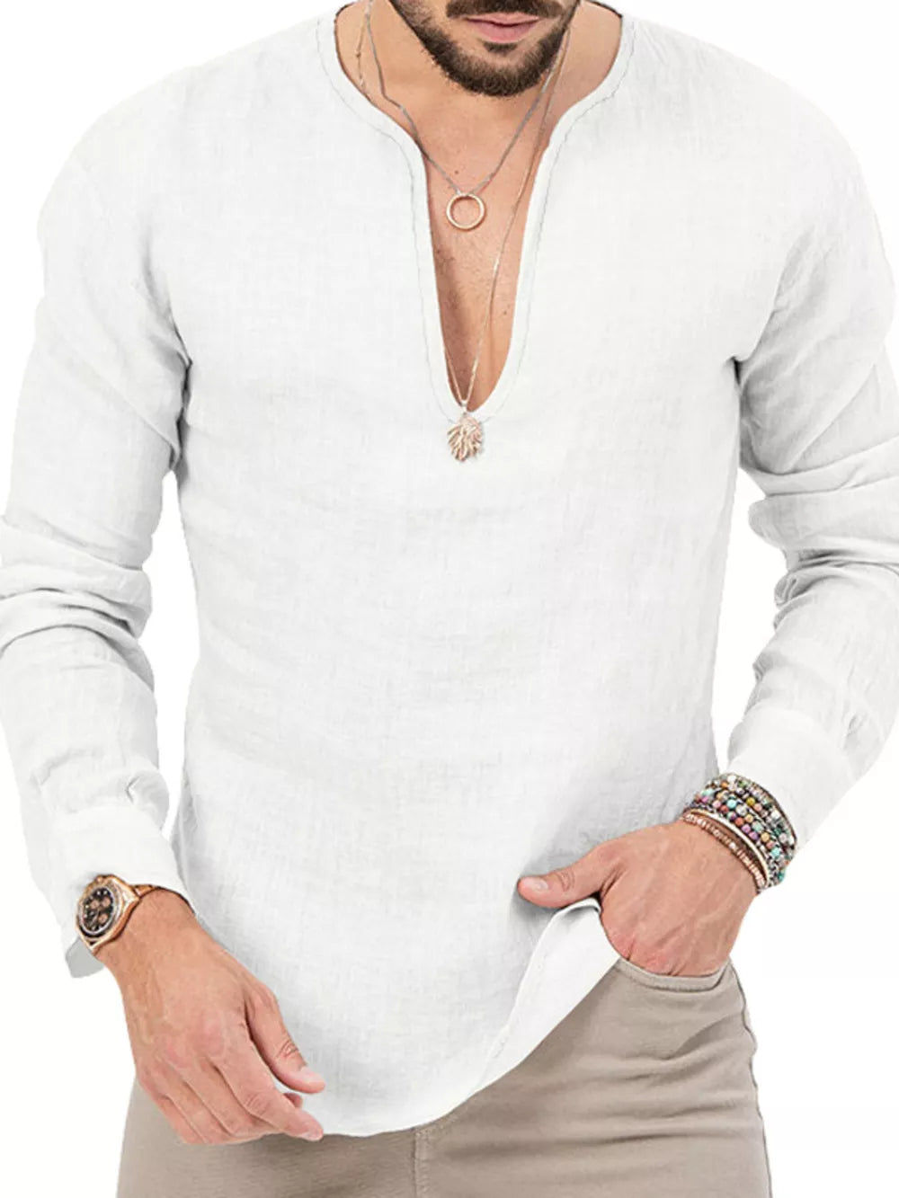 Men's Slim Fit Long Sleeve Blouse Plus Size in White, view 21