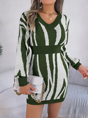 Zebra stripe knit fit-and-flare dress in army green with V-neck and long sleeves.