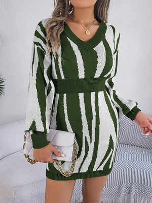Zebra stripe knit fit-and-flare dress in army green with V-neck and long sleeves.