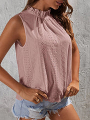 Dusty pink eyelet tank top with ruffled mock neck and sleeveless design.