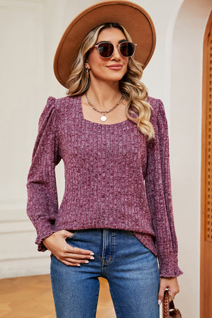 Flounce Charm Square Neck Tee in Red-Violet with textured fabric and puff sleeves.