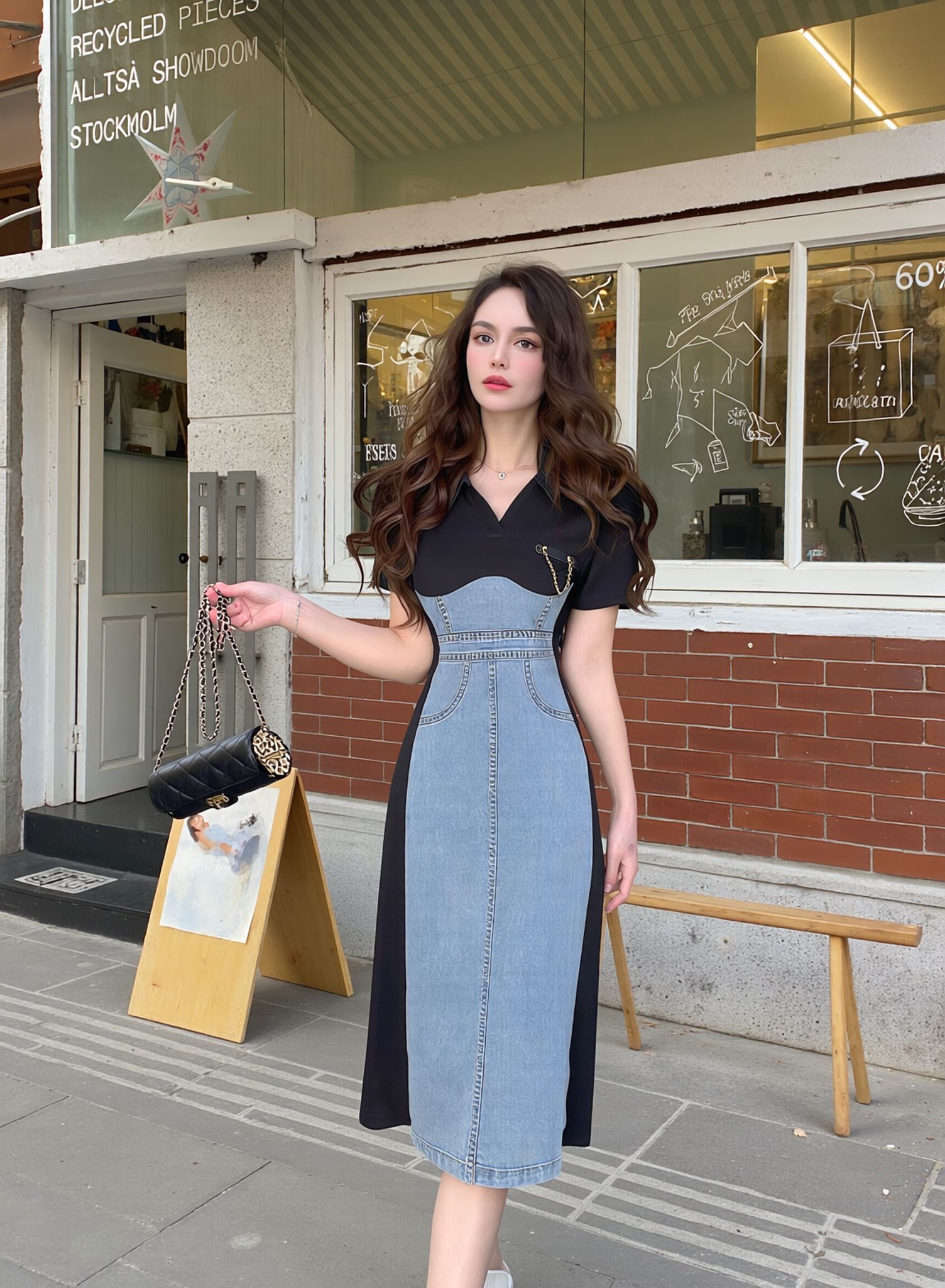 Buttoned denim patchwork bodycon dress with collared neckline and short sleeves in dark blue and black.