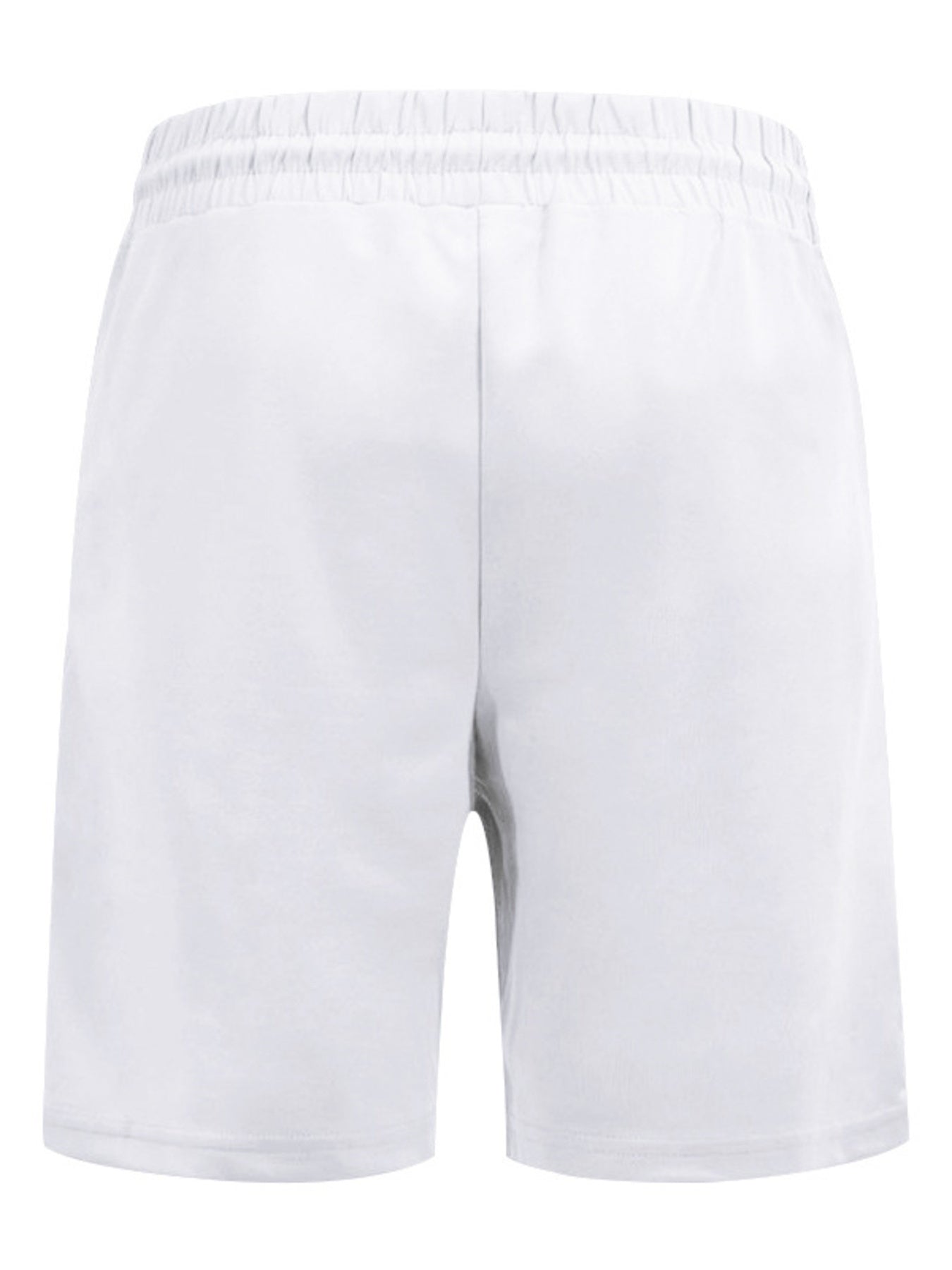 White pajama shorts with elastic waistband and drawstring detail.