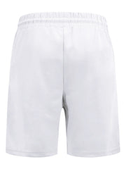 White pajama shorts with elastic waistband and drawstring detail.