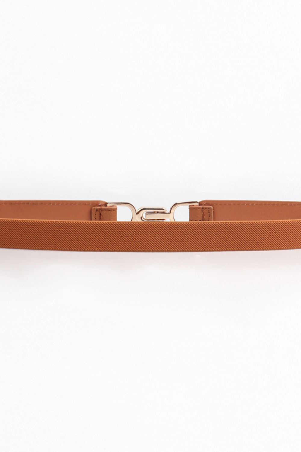 Caramel elasticated belt with hook-clasp closure and alloy buckle detail.