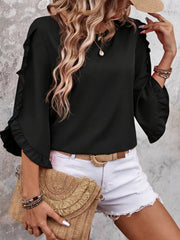 Black ruffled sleeve blouse with button detail, 3/4 sleeves, crew neck