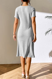 Light Gray ribbed midi dress with short sleeves and asymmetrical shoulder detail.