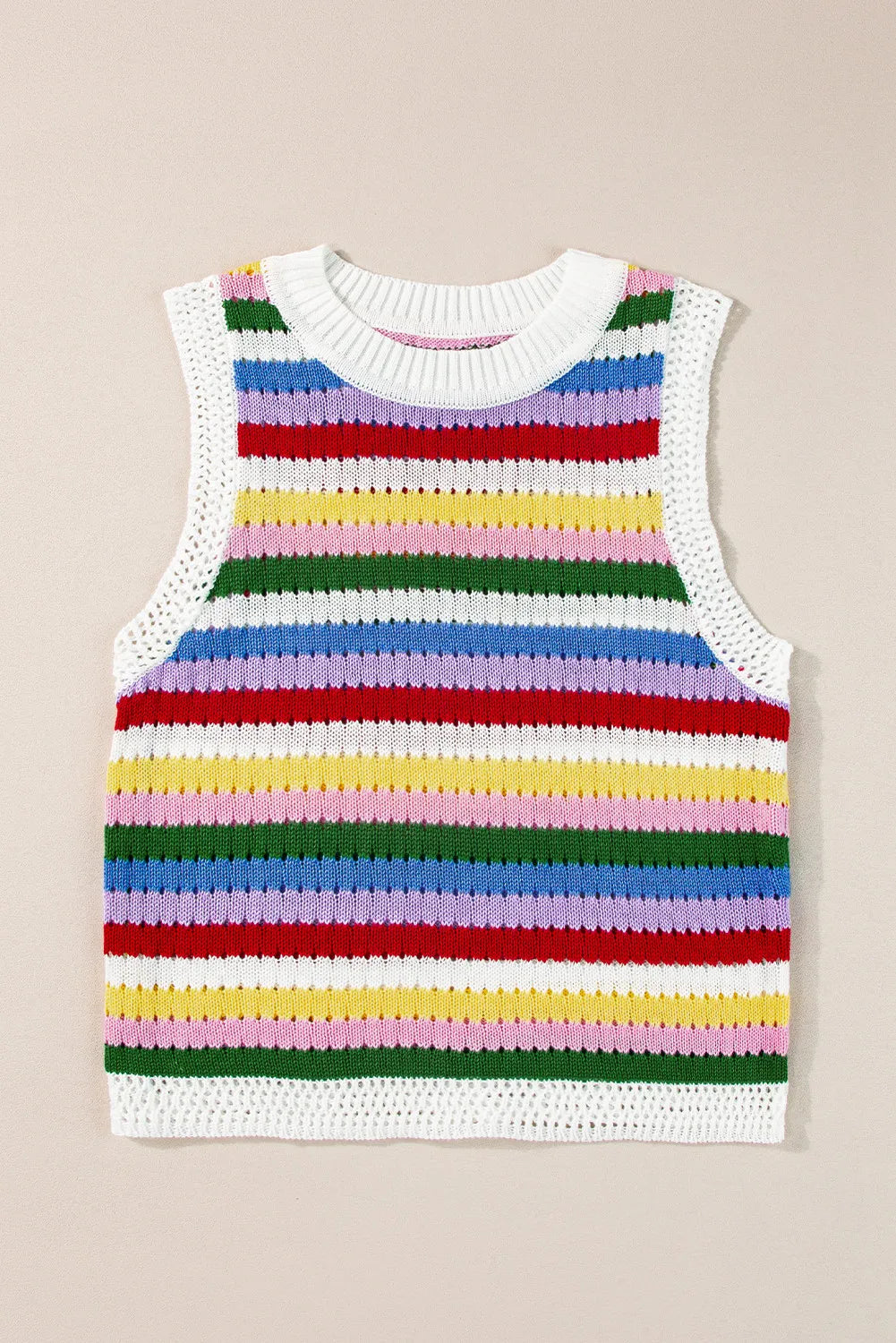 Crochet tank top with rainbow stripes and white trim.