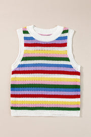 Crochet tank top with rainbow stripes and white trim.