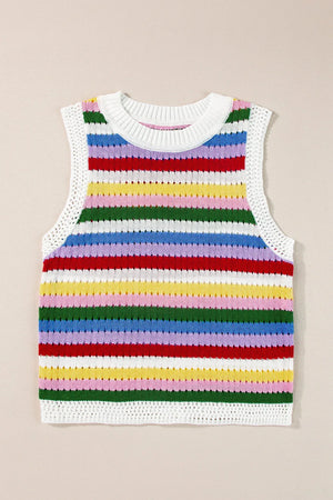 Crochet tank top with rainbow stripes and white trim.