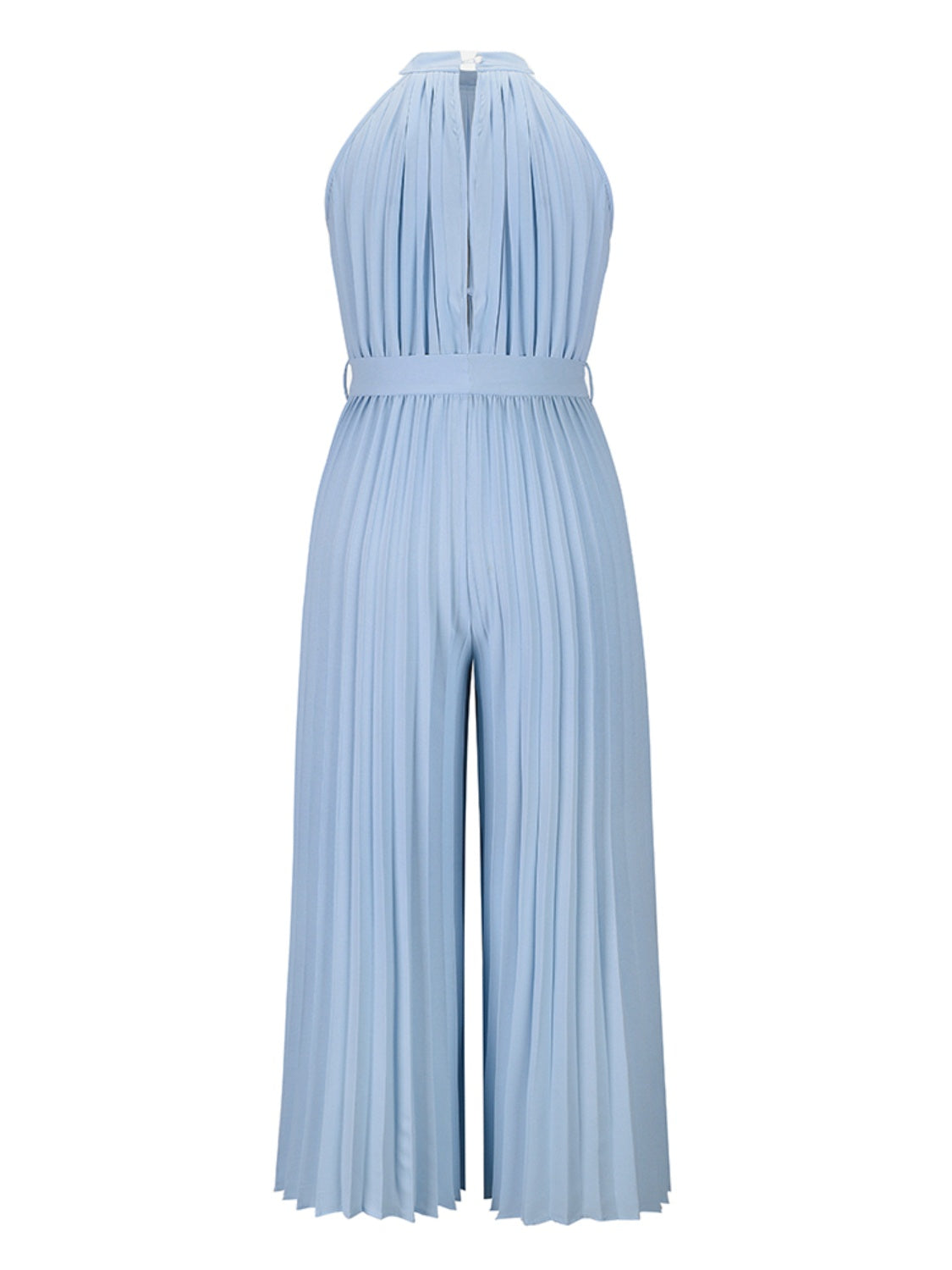 Light blue halter neck pleated palazzo jumpsuit with belted waist and wide legs.