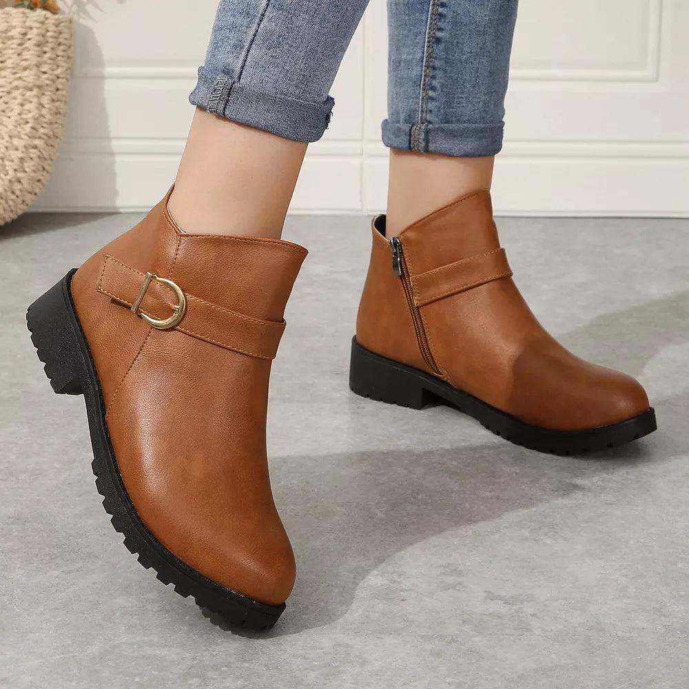 Caramel buckle ankle boots with side zip and block heel