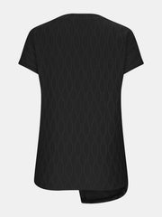 Black textured tee with asymmetric hem and knot front detail.