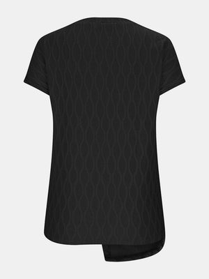 Black textured tee with asymmetric hem and knot front detail.