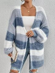 Textured stripe open front cardigan in blue and white fuzzy acrylic with pockets.