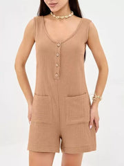 Khaki crinkled cotton button-down sleeveless romper with patch pockets