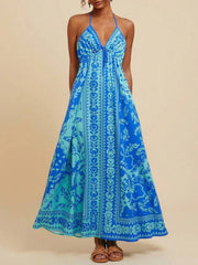 Blue floral halter maxi dress with plunging neckline and tie detail