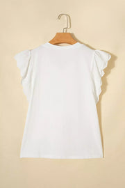 White cotton maternity t-shirt with eyelet flutter sleeves and scalloped trim.