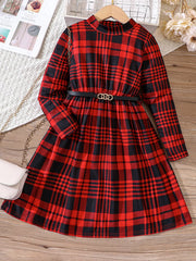 Belted plaid long-sleeve dress in deep red with a mock neck and gold buckle detail.