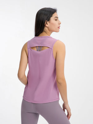 Pink Purple mesh-back performance tank top with a cutout detail at the back.