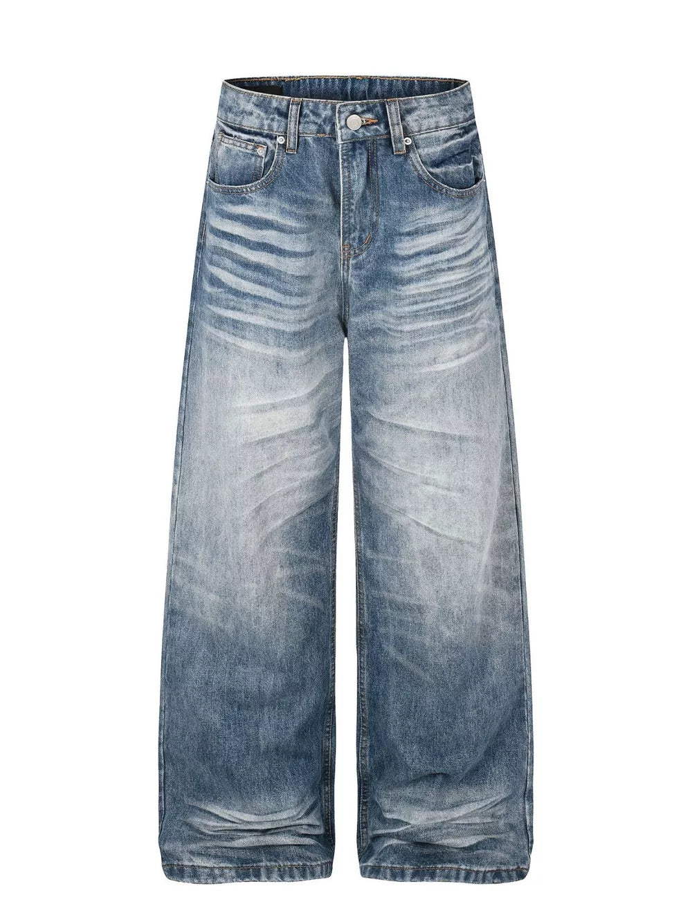 Men's blue wide leg vintage wash jeans with button fly and classic style