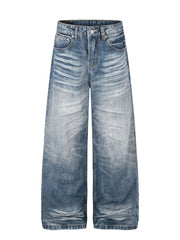 Men's blue wide leg vintage wash jeans with button fly and classic style