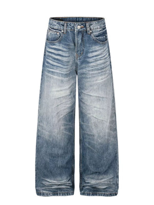 Men's blue wide leg vintage wash jeans with button fly and classic style