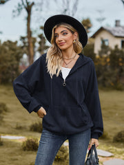 Dark Navy textured knit dolman sleeve zip-up hoodie with front pocket and hood.