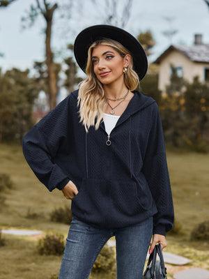Dark Navy textured knit dolman sleeve zip-up hoodie with front pocket and hood.