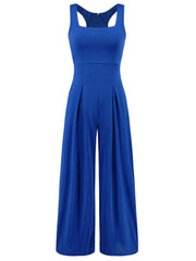 Royal blue square neck palazzo jumpsuit with wide legs and pleats.