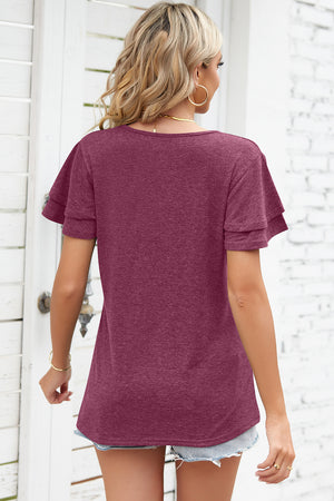 Burgundy flutter sleeve henley tee with layered short sleeves.