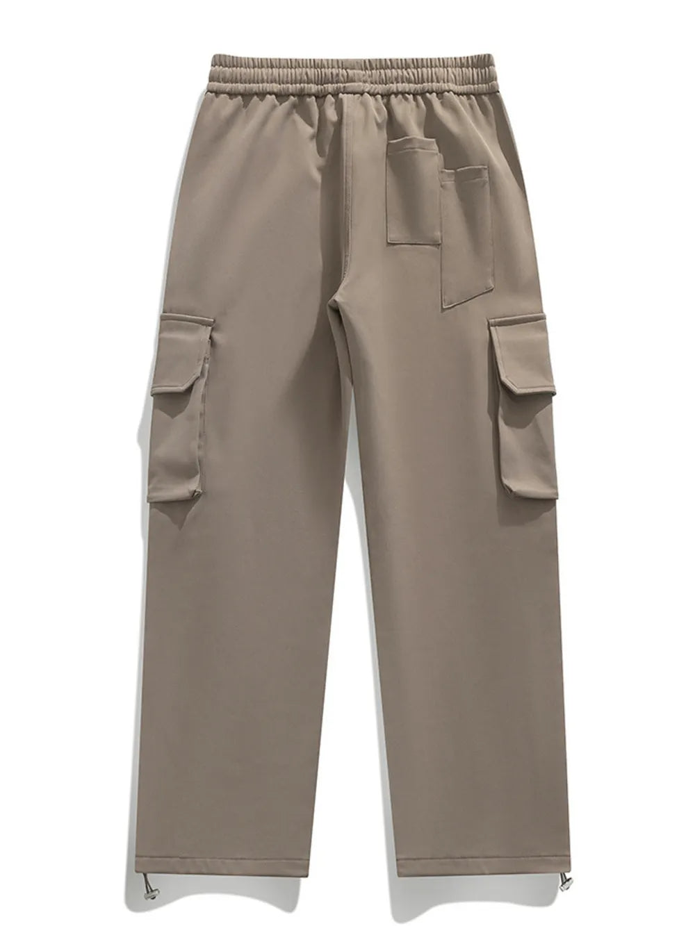 Light brown cargo pants with drawstring waist and multiple pockets.